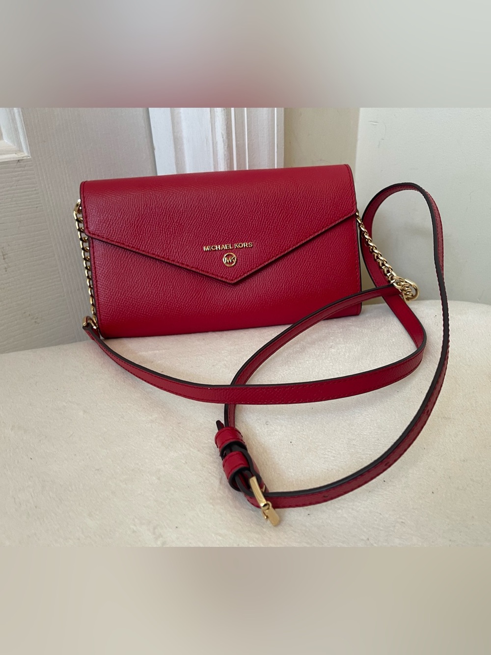 Michael Kors Red Pebbled Leather Envelope Crossbody with Gold Hardware